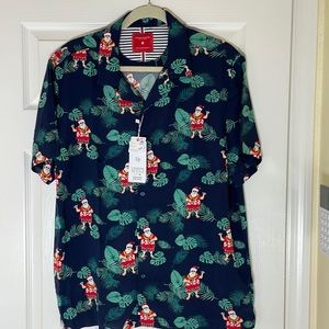 Men’s Short Sleeve Tropical Santa Button Down Shirt